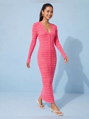 STAUD Shoko Pink Striped Ribbed Knit Button Front Sweater Dress M